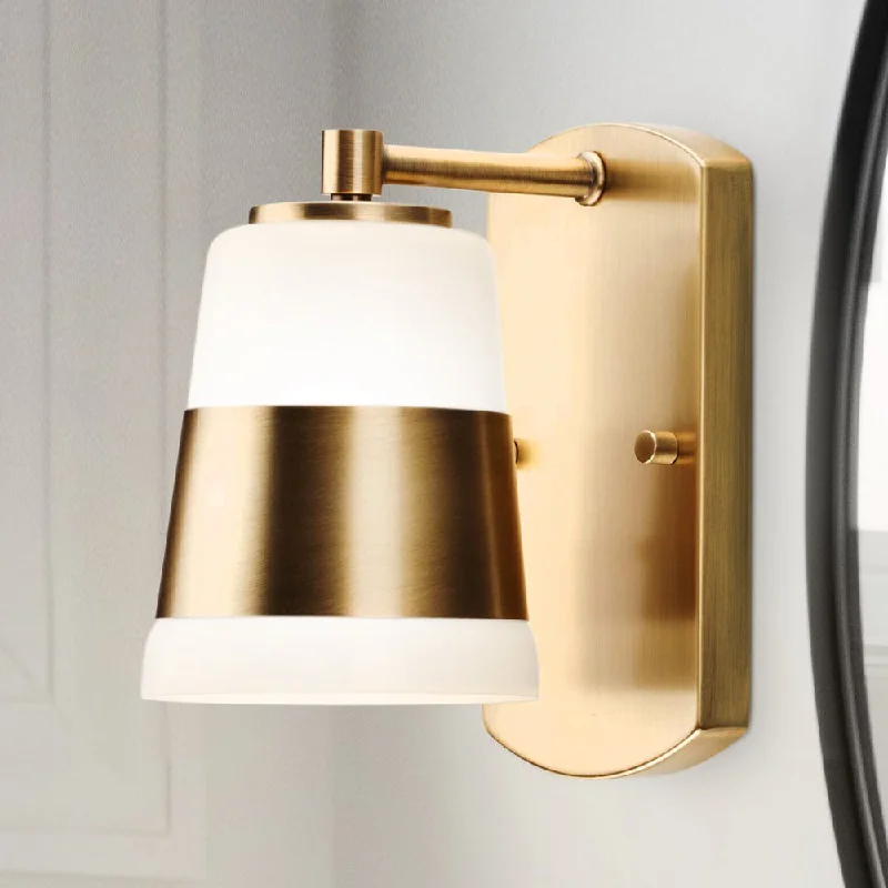 Industrial Lighting with High CRI (Color Rendering Index) for True Color PerceptionUHP4641 Modern Indoor Bath Light, 7-7/8''H x 6-3/4"W x 4-3/4''D, Vintage Brass Finish, Rheine Collection Industrial Lighting with High CRI (Color Rendering Index) for True Color PerceptionUHP4641 Modern Indoor Bath Light, 7-7/8''H x 6-3/4"W x 4-3/4''D, Vintage Brass Finish, Rheine Collection