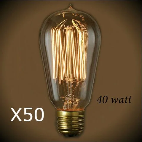 Edison light bulbs for art installationsEdison Style - Vintage 40 Watt Bulb - 4.95 in. Length - 50 Bulb Pack Edison light bulbs for art installationsEdison Style - Vintage 40 Watt Bulb - 4.95 in. Length - 50 Bulb Pack