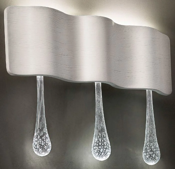 wood wall lamps with natural grain for a warm and organic feelTriple wooden wall light with largeVenetian glass drops
