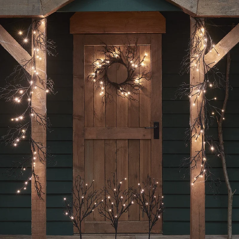 String Lights with Edison Bulbs for Rustic AmbiancePre Lit Black Twig Halloween Wreath, Garland & Stake Lights