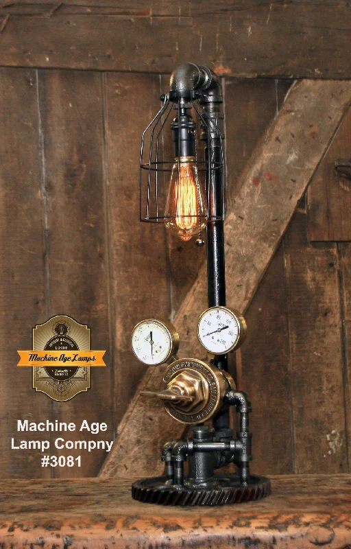 Industrial Lighting for Printing Press FacilitiesSteampunk Industrial Lamp / Antique Welding Regulator / Gear / Chicago / Lamp #3081 sold Industrial Lighting for Printing Press FacilitiesSteampunk Industrial Lamp / Antique Welding Regulator / Gear / Chicago / Lamp #3081 sold