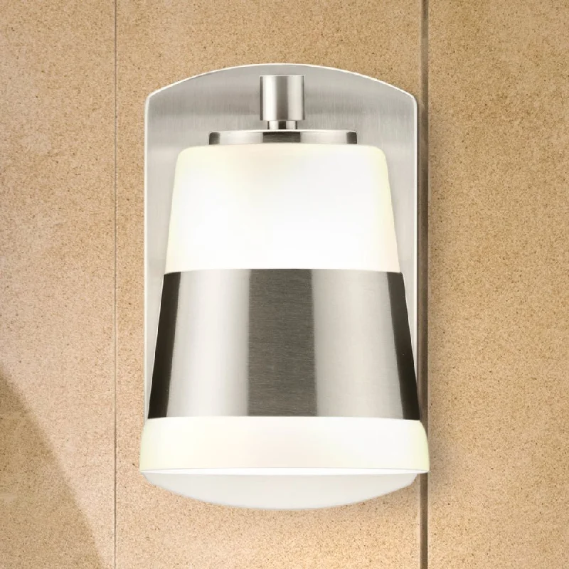 Industrial Lighting for Food Processing FactoriesUHP4640 Modern Indoor Bath Light, 7-7/8''H x 6-3/4"W x 4-3/4''D, Brushed Nickel Finish, Rheine Collection Industrial Lighting for Food Processing FactoriesUHP4640 Modern Indoor Bath Light, 7-7/8''H x 6-3/4"W x 4-3/4''D, Brushed Nickel Finish, Rheine Collection