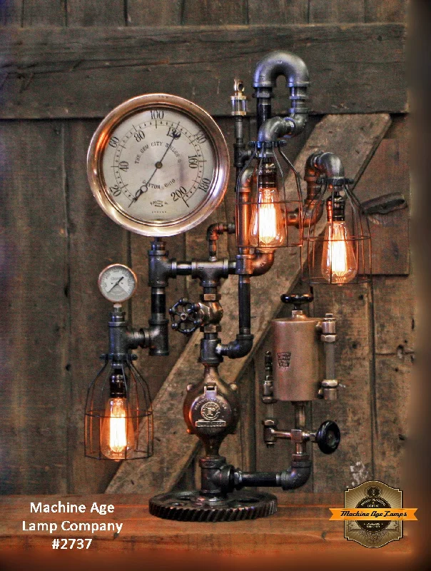 Industrial Lighting for Metal Fabrication ShopsSteampunk Industrial / Antique Steam Gauge and Oiler / Gear / Dayton Ohio / Lamp #2737 Industrial Lighting for Metal Fabrication ShopsSteampunk Industrial / Antique Steam Gauge and Oiler / Gear / Dayton Ohio / Lamp #2737