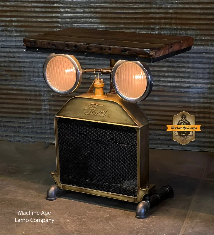 Industrial Ceiling - Mounted Lighting for Assembly PlantsSteampunk Industrial Table / Antique Ford Model T Radiator and Headlamps / Automotive / Barnwood / Table #3995 Industrial Ceiling - Mounted Lighting for Assembly PlantsSteampunk Industrial Table / Antique Ford Model T Radiator and Headlamps / Automotive / Barnwood / Table #3995