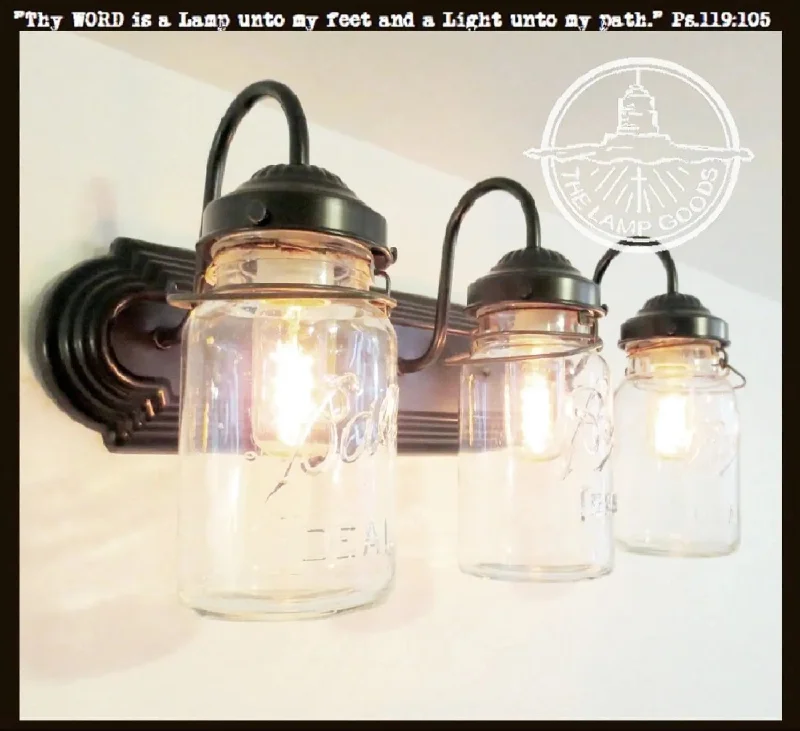 Dust - Resistant Industrial Lighting for Dirty WorkspacesRustic Vintage Mason Jar BATHROOM Light Trio Dust - Resistant Industrial Lighting for Dirty WorkspacesRustic Vintage Mason Jar BATHROOM Light Trio