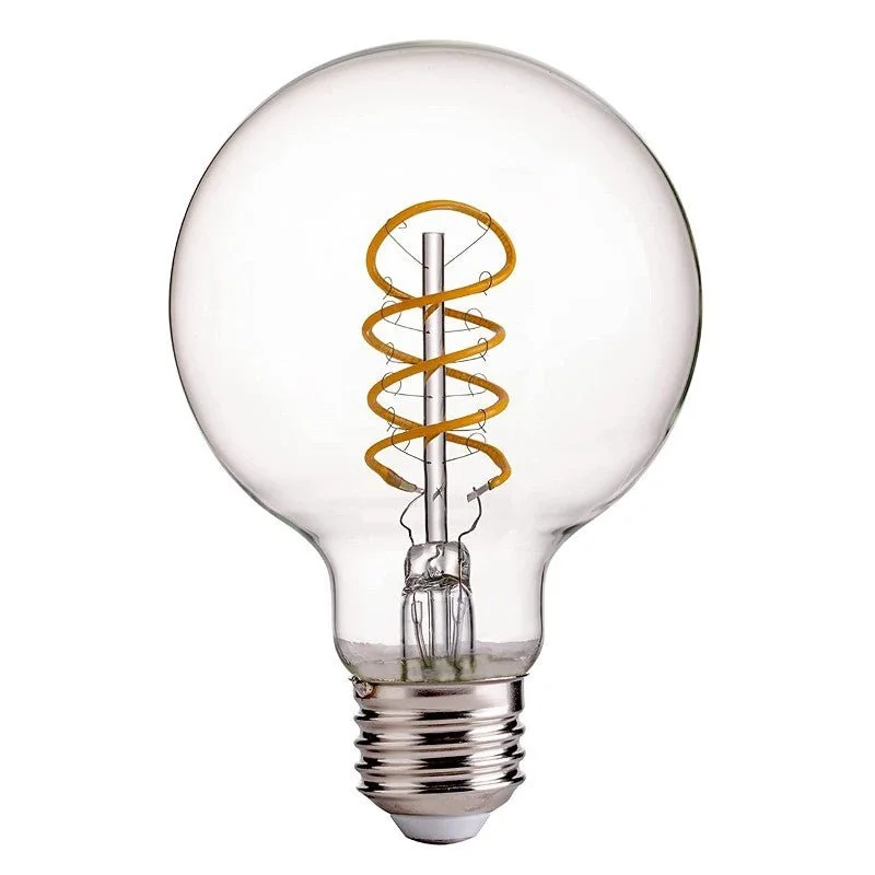 E26 Edison light bulbs with warm glowCurved LED Spiral Filament Edison Glob Bulb - 4 Watt - 2200K- Clear E26 Edison light bulbs with warm glowCurved LED Spiral Filament Edison Glob Bulb - 4 Watt - 2200K- Clear