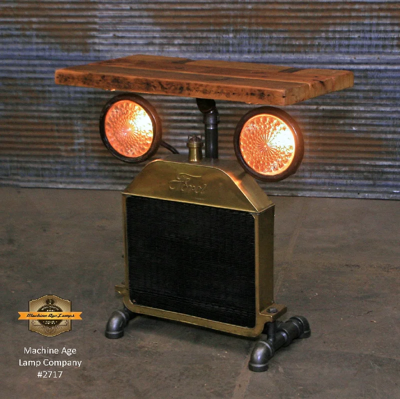 Industrial Wall - Mounted Lighting for Workshop WallsSteampunk Industrial Table / Antique Ford Model T Radiator and Headlamps / Automotive / Barnwood / Table #2717 Industrial Wall - Mounted Lighting for Workshop WallsSteampunk Industrial Table / Antique Ford Model T Radiator and Headlamps / Automotive / Barnwood / Table #2717