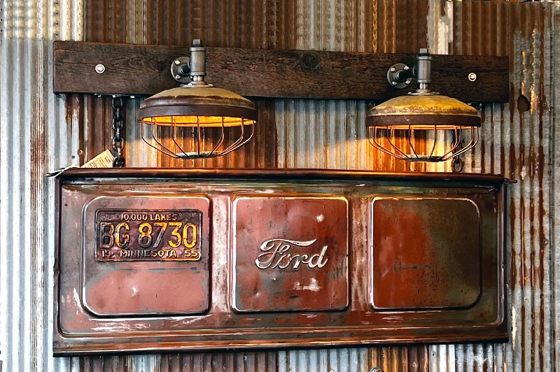 Industrial Lighting for Textile MillsSteampunk Industrial / Antique Ford Tailgate Wall Light / Sconce / Barnwood /Automotive / Lamp #3936 Industrial Lighting for Textile MillsSteampunk Industrial / Antique Ford Tailgate Wall Light / Sconce / Barnwood /Automotive / Lamp #3936