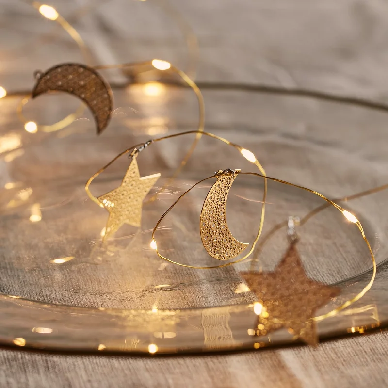 String Lights for Balcony DecorationGold Moon and Star Filigree Micro Fairy Lights