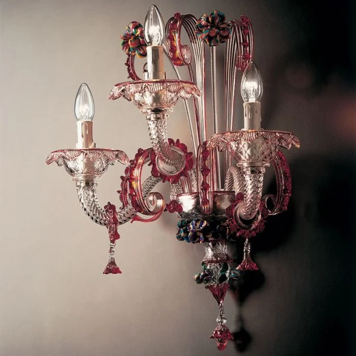 rustic farmhouse wall lamps with wooden accents for cozy bedroomsClear And Red Glass Murano Wall Light With Coloured Flowers