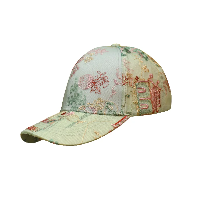 String Lights for Porch LightingCap with Embroidered Floral Design - Light Green