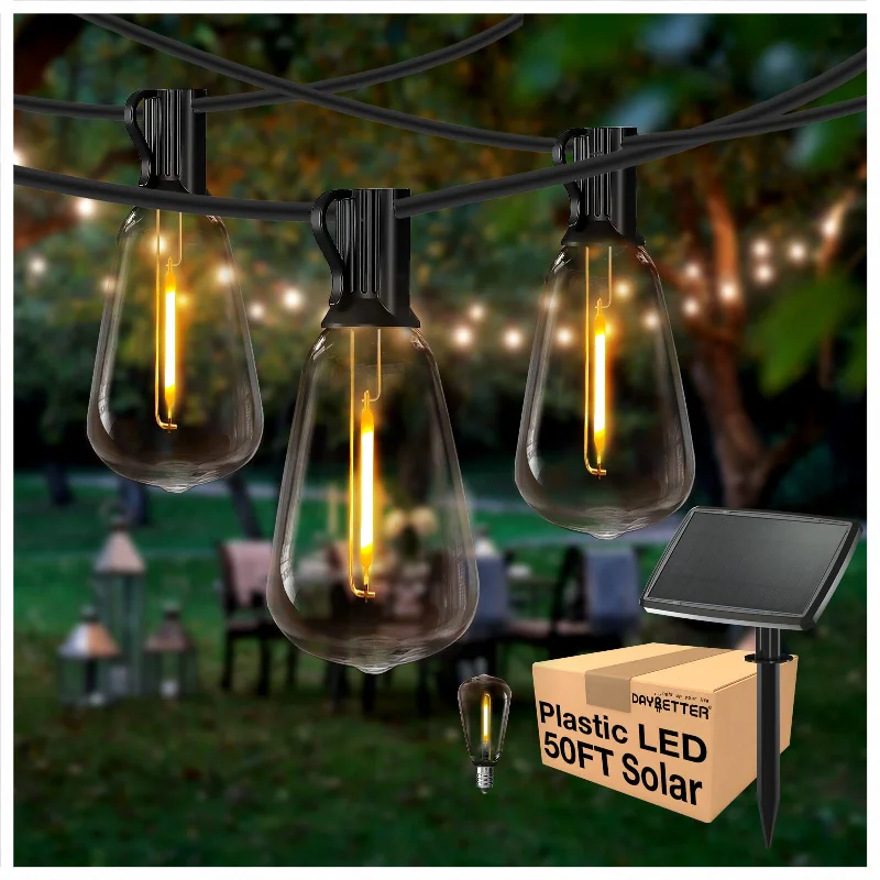 String Lights for DIY Home Decor ProjectsDAYBETTER 50ft Solar Outdoor String Lights Waterproof, ST38 LED Patio Lights Outside Garden Balcony Backyard Sunroom Decor, Weatherproof Plastic Hanging Lights for Yard Porch Bistro