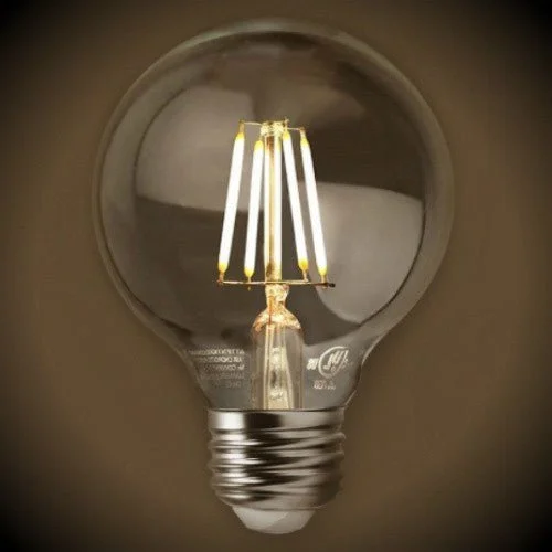 Clear glass Edison light bulbs with spiral filamentsLED Filament Edison Globe Bulb - G25 Vintage - 4.5 Watt - Clear - 2700K Clear glass Edison light bulbs with spiral filamentsLED Filament Edison Globe Bulb - G25 Vintage - 4.5 Watt - Clear - 2700K