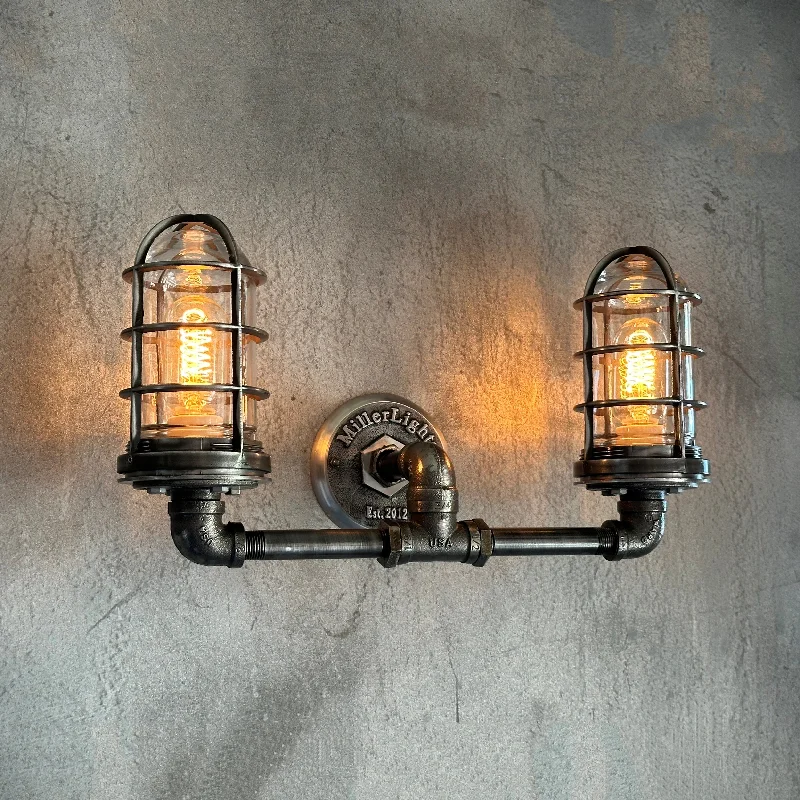 Industrial Exit Sign Lighting for Quick EvacuationDouble Sconce Iron Pipe Light - The Ironforge Industrial Exit Sign Lighting for Quick EvacuationDouble Sconce Iron Pipe Light - The Ironforge