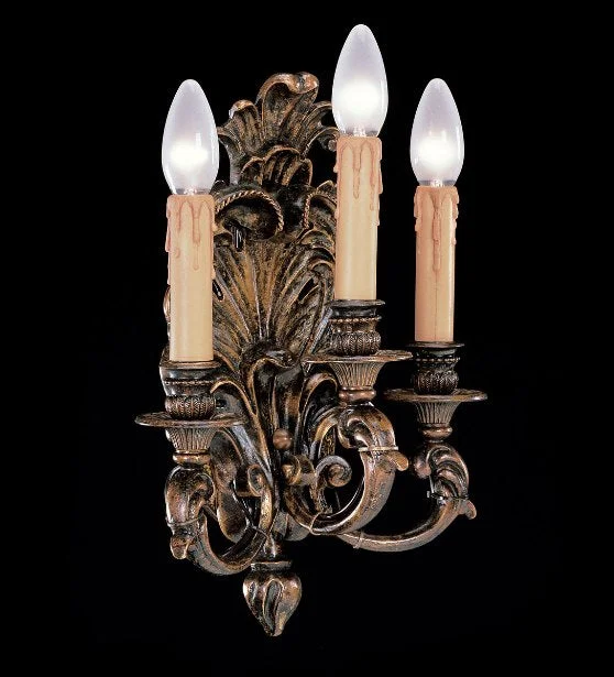 gothic style wall lamps with dark finishes for a mysterious libraryAntique-Style Italian Brass Oxide Triple Wall Light