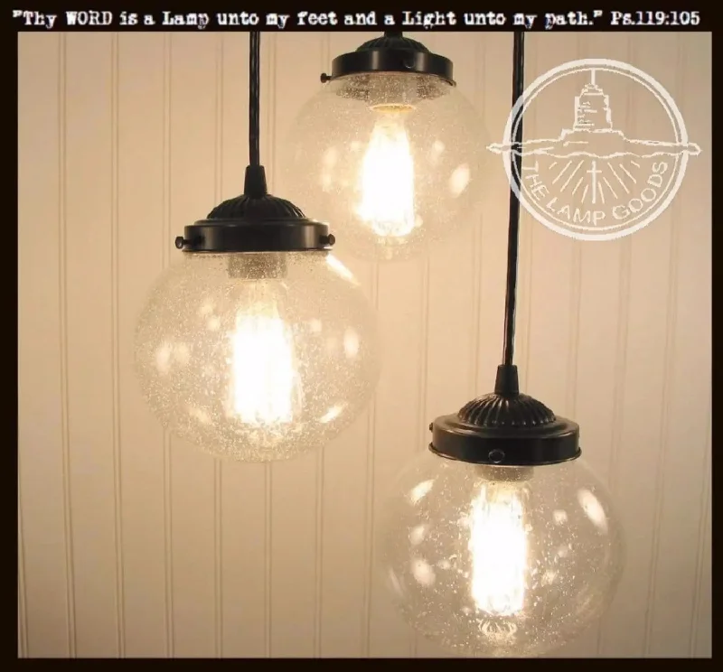 Industrial Area Lighting for Large Open SpacesSeeded Glass Chandelier Light Pendant Trio