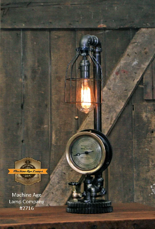 Dimmable Industrial Lighting for Ambiance ControlSteampunk Industrial Lamp / Antique Utica NY Steam Gauge / Gear / Lamp #2716 Dimmable Industrial Lighting for Ambiance ControlSteampunk Industrial Lamp / Antique Utica NY Steam Gauge / Gear / Lamp #2716