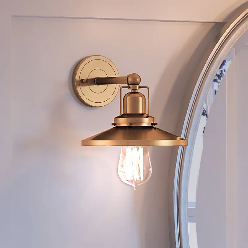 Industrial Lighting for Woodworking FactoriesUEX2434 New Traditional Wall Sconce 7''H x 8''W, Satin Brass Finish, Sanford Collection Industrial Lighting for Woodworking FactoriesUEX2434 New Traditional Wall Sconce 7''H x 8''W, Satin Brass Finish, Sanford Collection