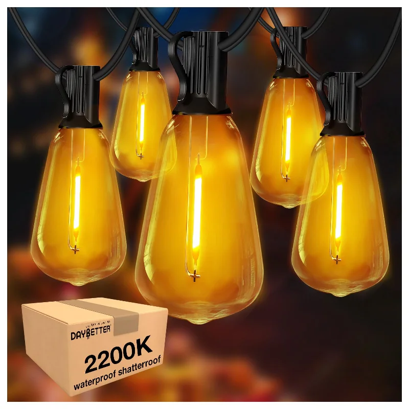 Filament style LED Edison light bulbsDAYBETTER Outdoor String Lights, 100FT 2200K Shatterproof Waterproof LED Hanging Umbrella Edison Outside Lights, Party Lights for Patio Porch Backyard Deck Balcony Filament style LED Edison light bulbsDAYBETTER Outdoor String Lights, 100FT 2200K Shatterproof Waterproof LED Hanging Umbrella Edison Outside Lights, Party Lights for Patio Porch Backyard Deck Balcony