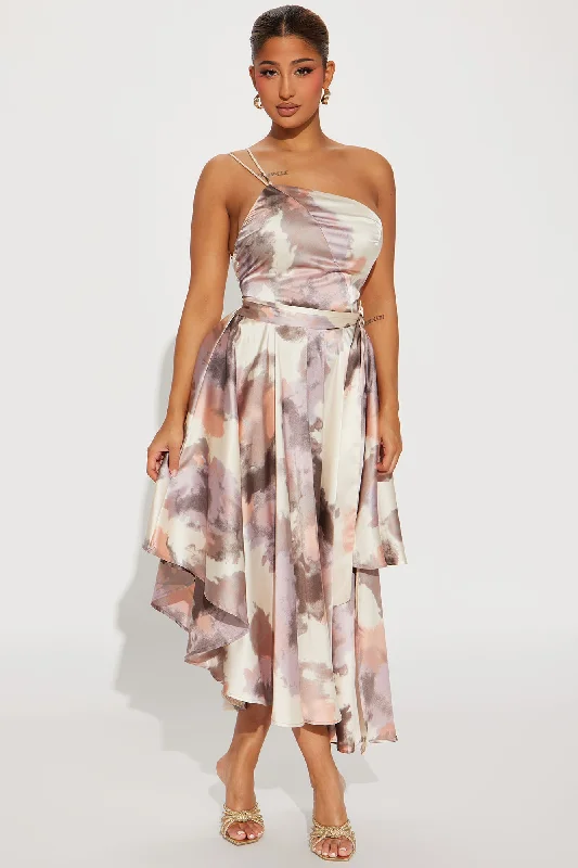 Emery Satin Midi Dress - Brown/combo