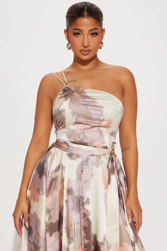 Emery Satin Midi Dress - Brown/combo