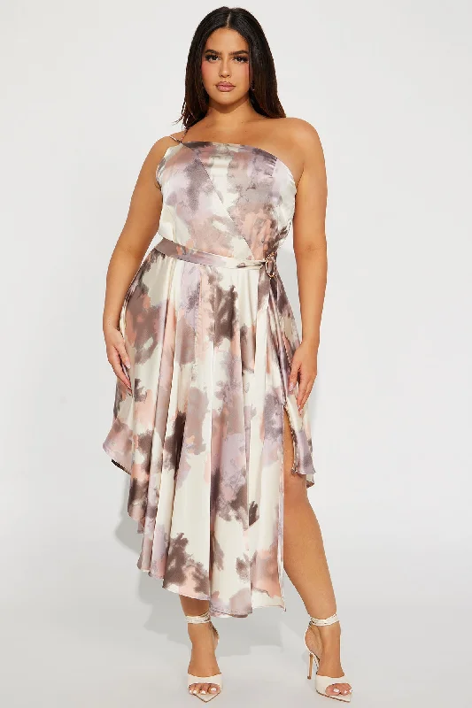 Emery Satin Midi Dress - Brown/combo