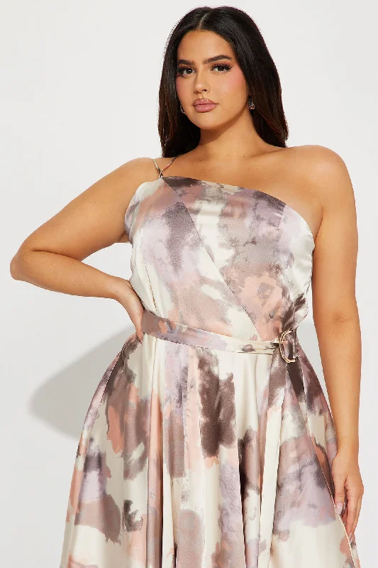 Emery Satin Midi Dress - Brown/combo