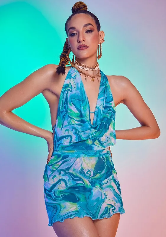 Green Marble Print Halter Dress