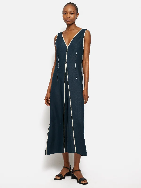 Linen Sleeveless Piped Dress | Navy