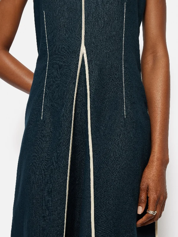 Linen Sleeveless Piped Dress | Navy