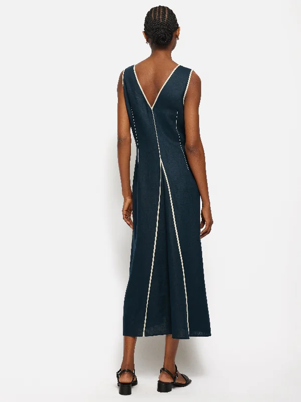 Linen Sleeveless Piped Dress | Navy