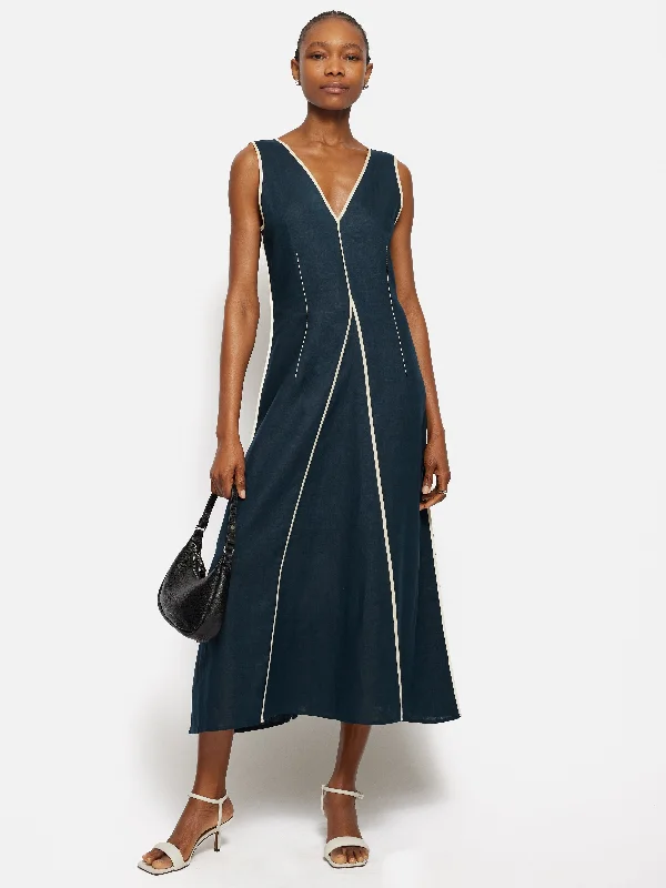 Linen Sleeveless Piped Dress | Navy