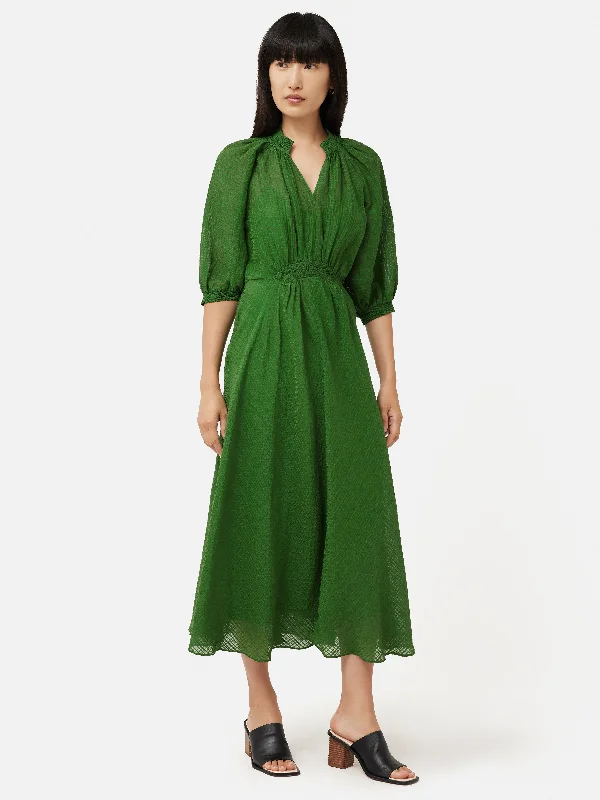 Silk Linen Gauze Midi Dress | Green