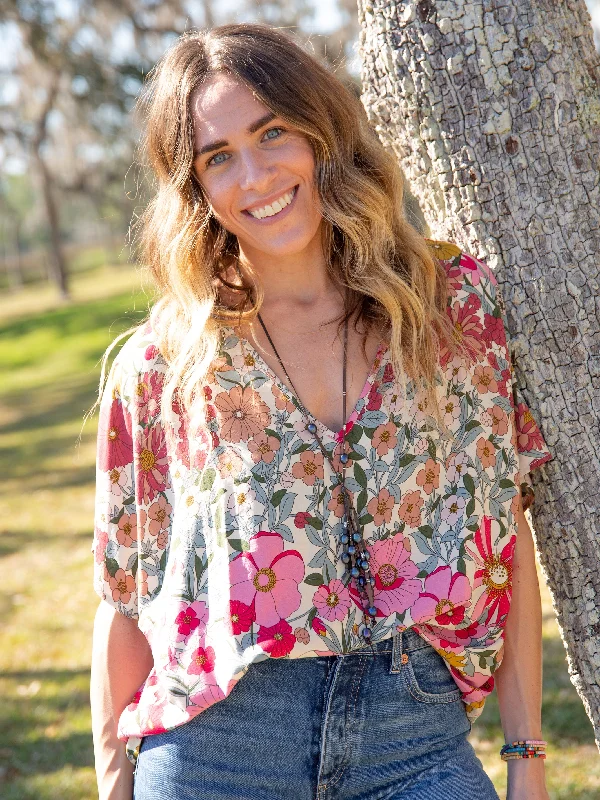 Easy V-Neck Top - Pink Mustard Floral