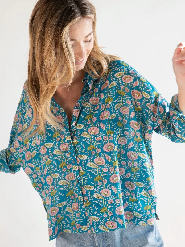 Lara Button Down - Blue Pink Floral Vines