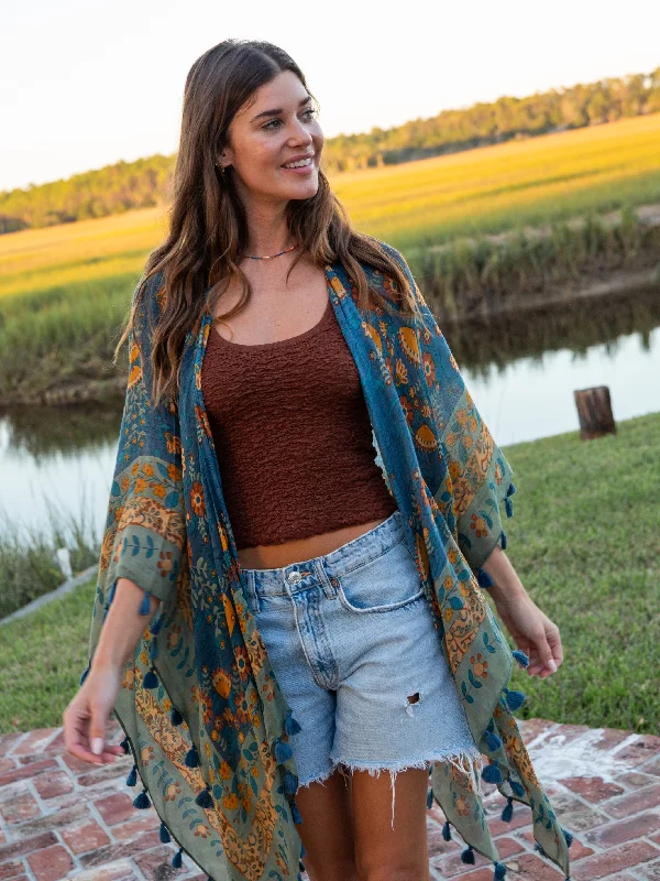 Meera Convertible Kimono - Navy Border Print