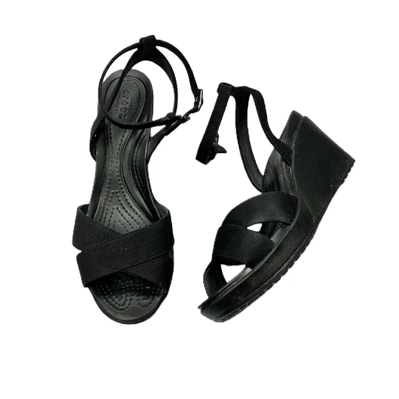 Black Sandals Heels Wedge By Crocs, Size: 9