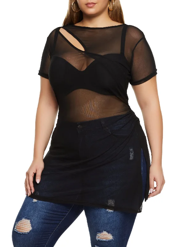 Plus Size Mesh Keyhole Side Slit Tunic Top