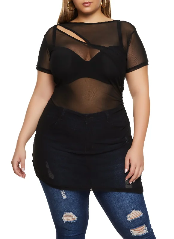 Plus Size Mesh Keyhole Side Slit Tunic Top