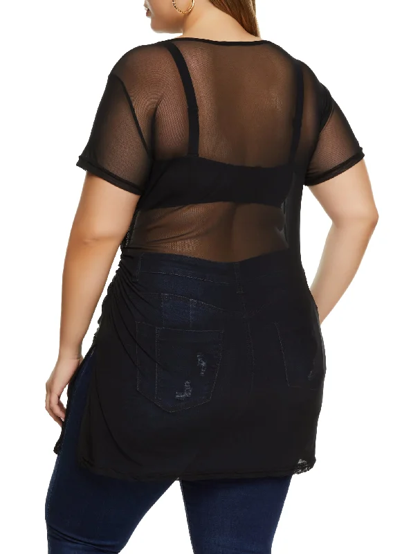 Plus Size Mesh Keyhole Side Slit Tunic Top