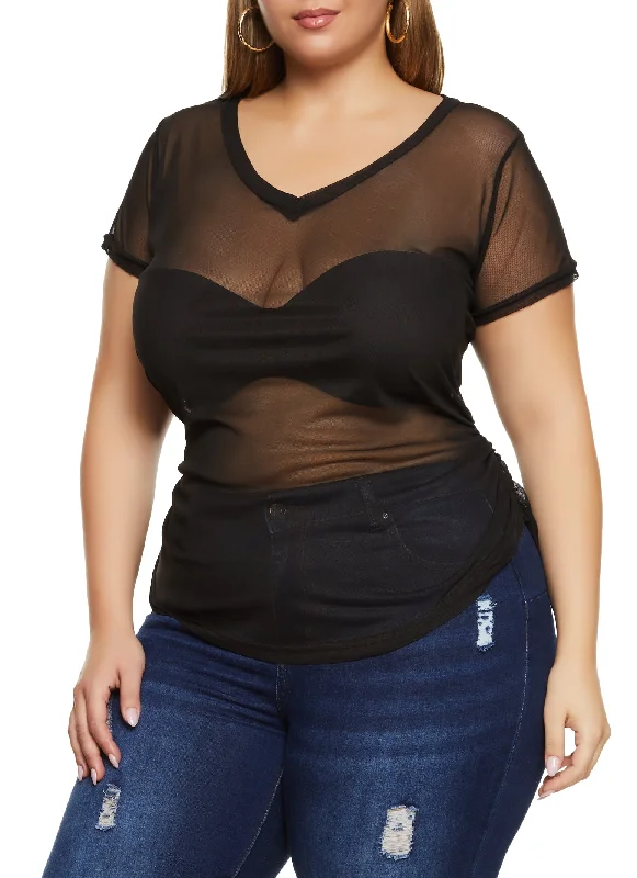 Plus Size Mesh Ruched V Neck Top