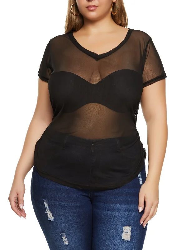 Plus Size Mesh Ruched V Neck Top