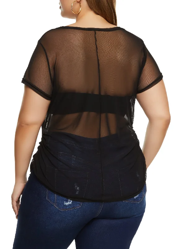 Plus Size Mesh Ruched V Neck Top