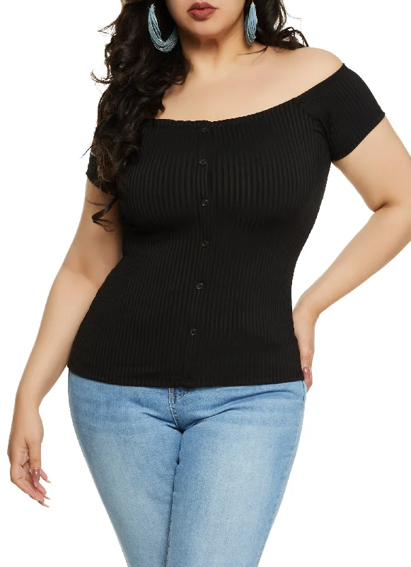 Plus Size Rib Knit Button Detail Off the Shoulder Top