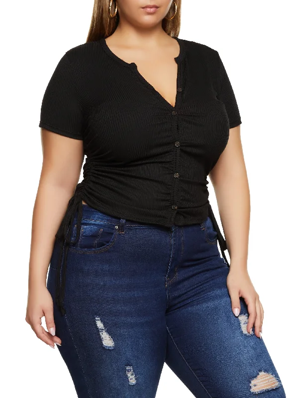 Plus Size Rib Knit Button Front Ruched Tee