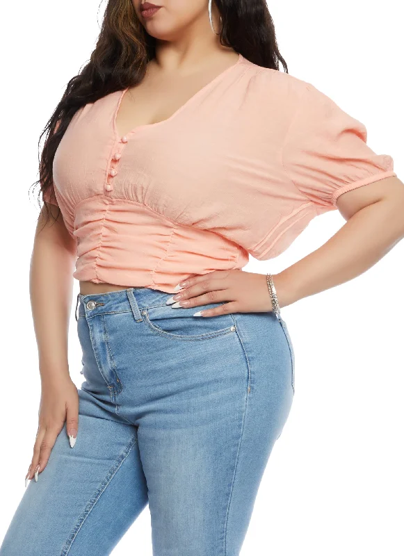 Plus Size Gauze Knit V Neck Ruched Peasant Top