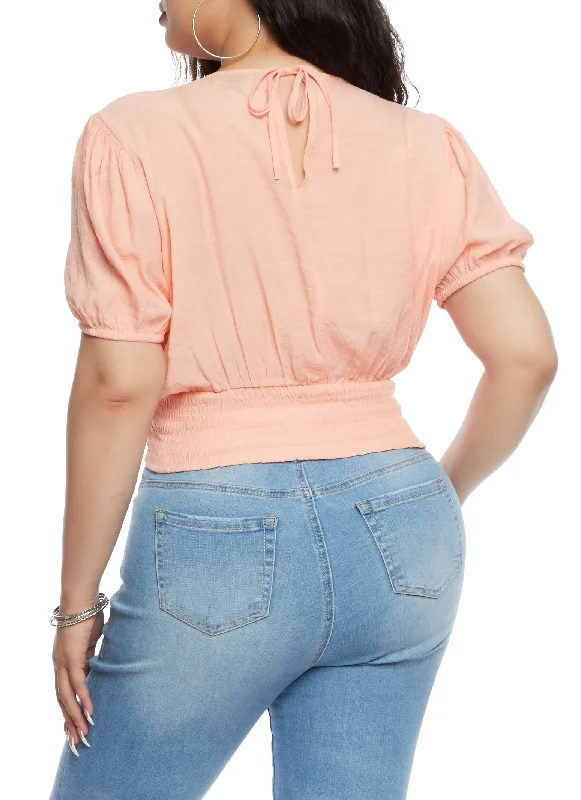 Plus Size Gauze Knit V Neck Ruched Peasant Top