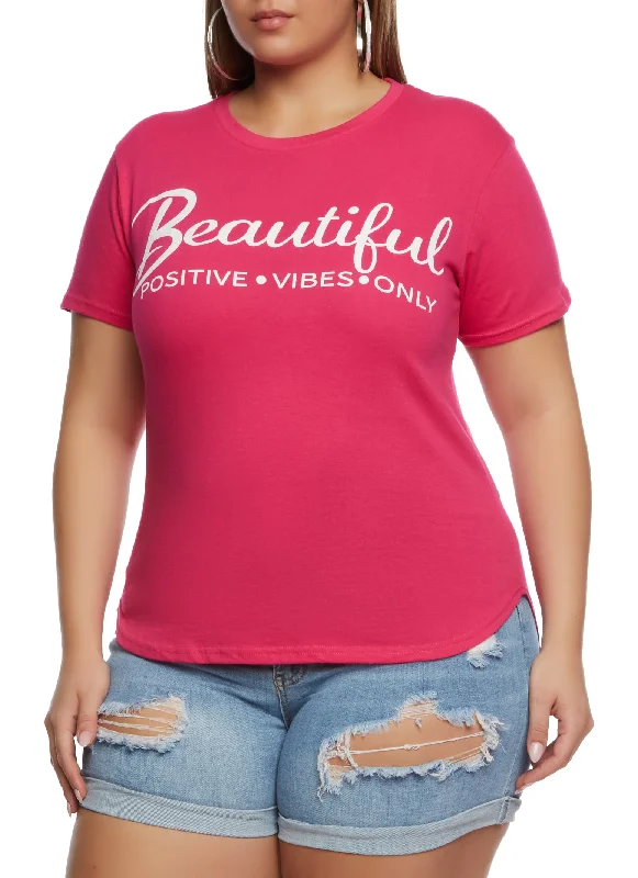 Plus Size Beautiful Positive Vibes Only Graphic High Low Tee