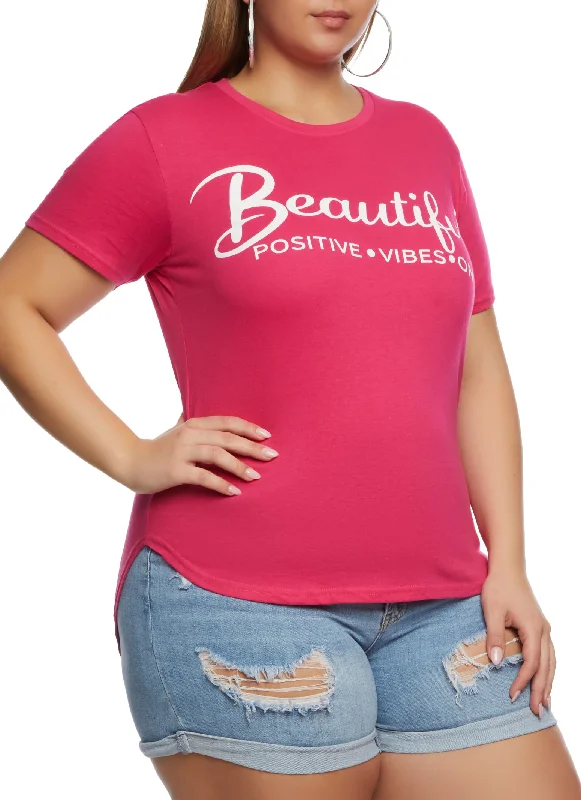 Plus Size Beautiful Positive Vibes Only Graphic High Low Tee