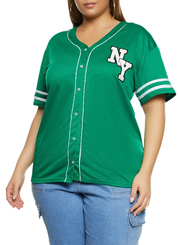 Plus Size NY Chenille Patch Baseball Shirt